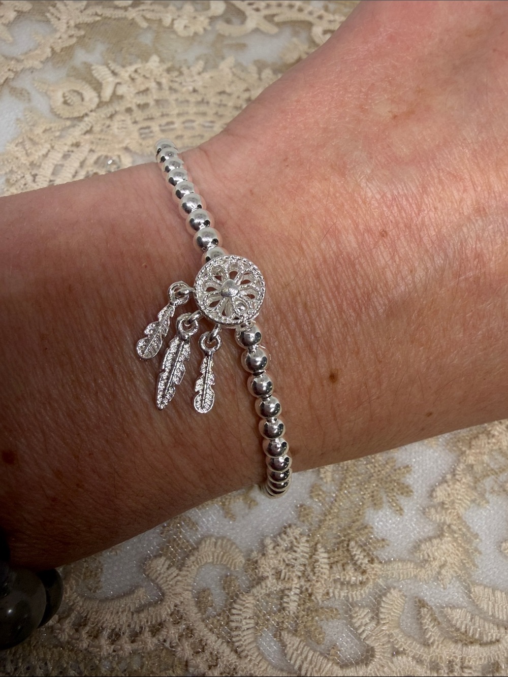 925 Sterling Silver Dreamcatcher Bracelet Boho Feather Beaded Chain Southwestern